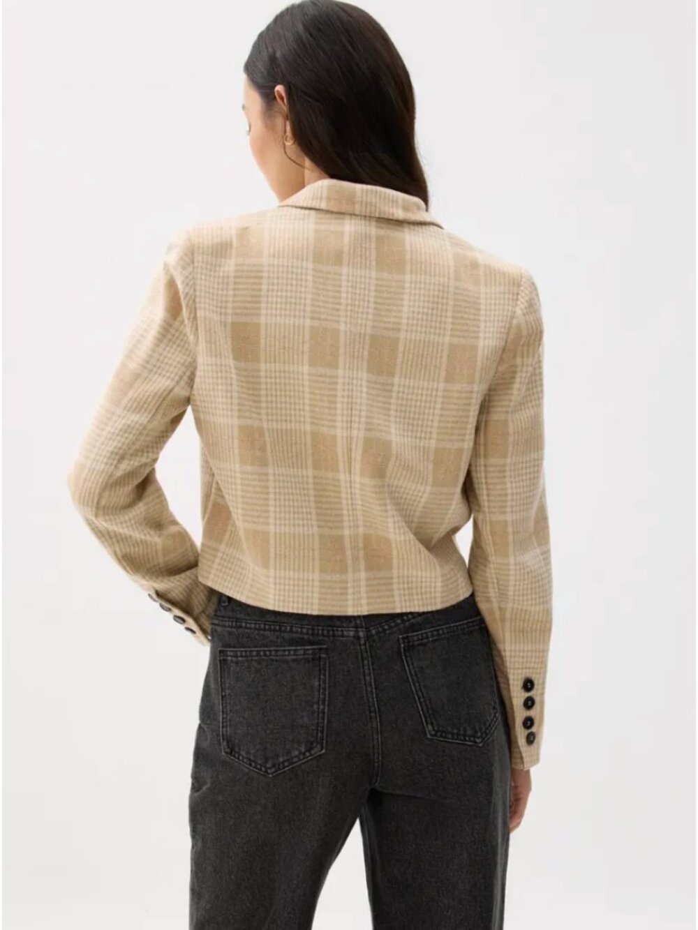 NWT Love Bonito Plaid Shoulder Padded Crop Blazer in Khaki - Picture 2 of 8